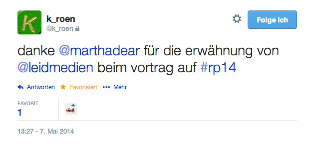 Twitternutzer @k_roen twittert: "Danke @marthadear für die Erwähnung von Leidmedien beim Vortrag auf #rp14"