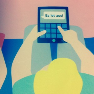 Deckblatt vom Nummermagazin. Eine Grafik zeigt einen Mann mit blonden Haaren, der in sein Handy "Es ist aus!" als SMS tippt. Neben ihm sitzt eine Frau.