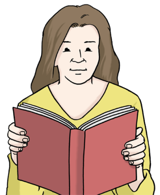 Comic: Eine Frau mit langen braunen Haaren und einem gelben Pullover liest ein rotes Buch.