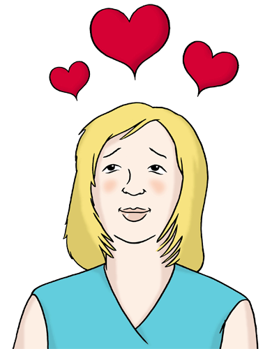 Comic: Eine blonde Frau mit blauem T-shirt schaut verliebt in die Luft. Über ihr fliegen drei rote Herzen.