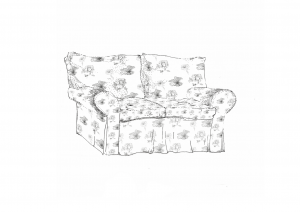 Comic: Eine schwarz-weiße Zeichnung von einem gemütlichen Sofa. Es hat zwei große Kissen zum Anlehnen und zwei Armlehnen. Das Muster sind Blumen.