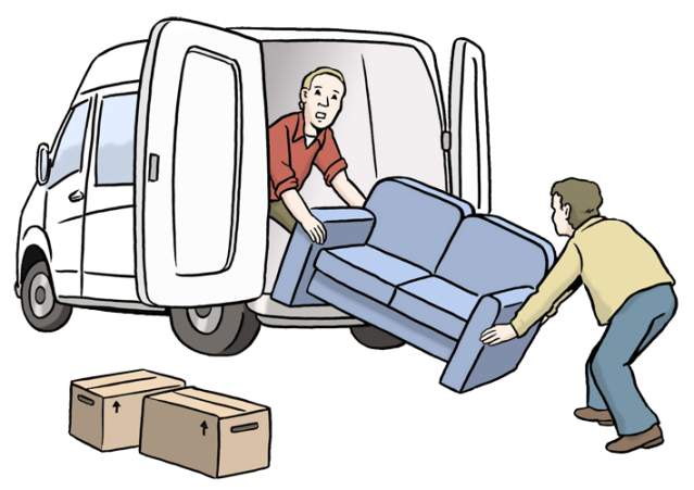 Comic: Zwei Männer tragen ein blaues Sofa aus einem weißen größeren Fahrzeug. Daneben stehen zwei Umzugskisten.