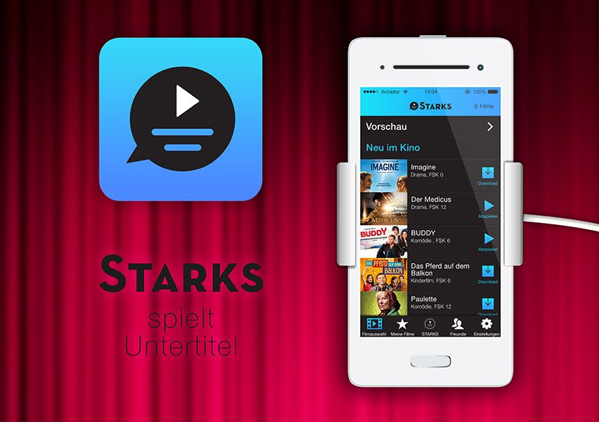 Zu sehen ist ein Smartphone, darauf die App Starks. Es sind verschiedene Kinofilme zur Auswahl zu sehen.