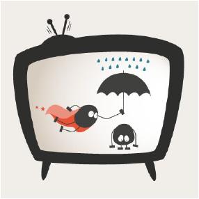 Das Logo von Leidmedien in einem Fernseher einmal als Held und einmal als Opfer