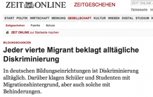 Screenshot Artikel: Überschrift Jeder vierte Migrant beklat alltägliche Diskriminierung. Teaser: In deutschen Bildungseinrichtungen ist Diskriminierung alltäglich. Darüber klagen Schüler und Studenten mit Migrationshintergrund, aber auch solche mit Behinderungen.