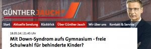 Screenshot von Seite zur Sendung "Mit Downsyndrom aufs Gymnasium - freie Schulwahl für behinderte Kinder?" von Günther Jauch