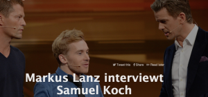 Screenshot der Sendung "Wetten dass?!" mit Markus Lanz. Szene ist das Interview von Markus Lanz mit Samuel Koch und Till Schweiger.
