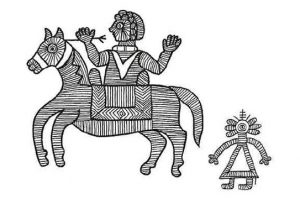 Das Bild zeigt eine Zeichnung aus dem Buch "Bärenzart". Es zeigt einen mit dünnen Strichen gezeichneten Ritter auf einem Pferd und eine kleinere Figur ohne Gesicht hinter ihm.