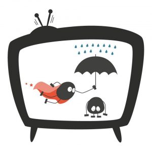 Logo von Leidmedien mit Billy die Bohne in einem Fernseher, einmal als Held der einen Regenschirm über einen traurigen Opfer Billy hält über den es regnet
