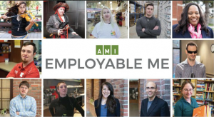 Das Bild zeigt verschiedene Menschen auf kleinen Porträtfotos. In der Mitte das Logo von Employable me.
