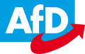 AfD. Schrift in Weiß auf hellblauem Grund, ein roter Pfeil nach rechts.