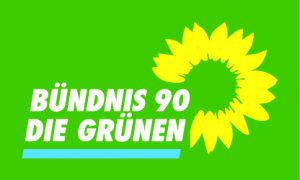 Logo der Grünen: Weiße Schrift Bündnis 90 Die Grünen auf grünem Grund, außerdem eine gelbe Sonnenblume.