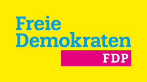 Freie Demokraten, FDP. Schrift in Türkis und rosa auf gelbem Grund